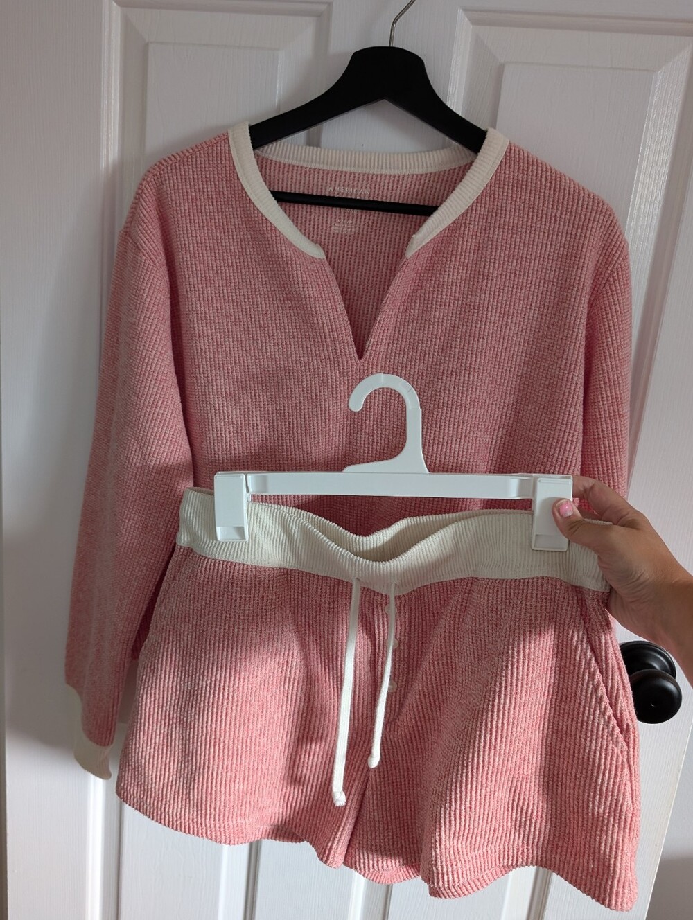 American Eagle AE Lounge Women's Red Cream Waffle Knit Shirt Short Set Medium